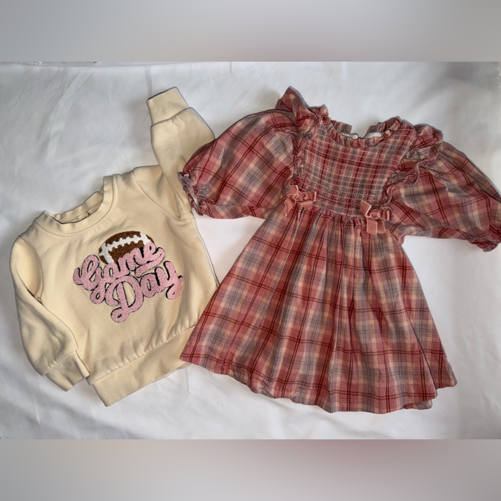 Tullabee toddler girl bundle (dress 24m and sweatshirt 2T) plaid and football